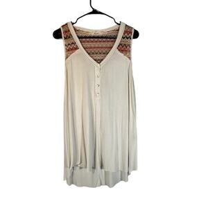 Faveur White Sleeveless Boho Aztec Henley Long Tank Top Women Sz M